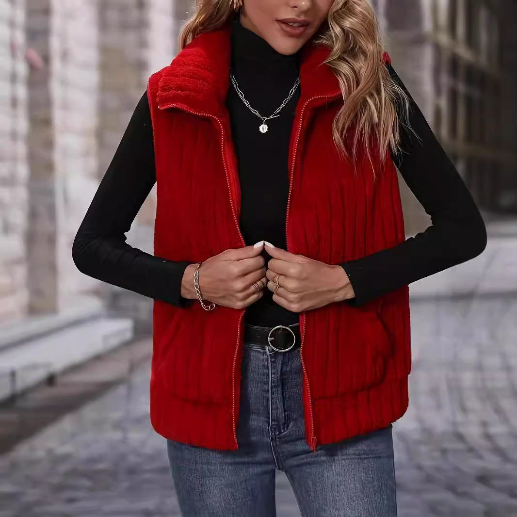 Damen Flauschige Weste mit Karomuster und Taschen R&B