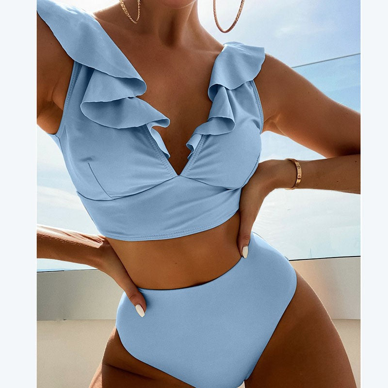 Damen Bikini mit elegantem Rüschendesign und hoch geschnittenem Höschen R&B