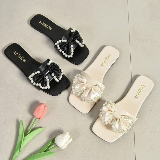 Damen Flauscher Slides mit eleganter Schleifen- und Perlenverzierung R&B