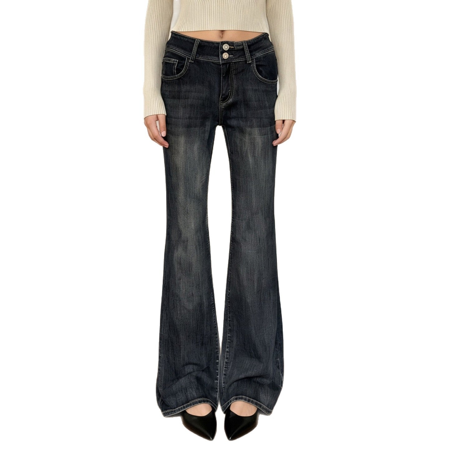 Damen Schlagjeans mit hohem Bund und flexibel einstellbarem Taillenbund R&B