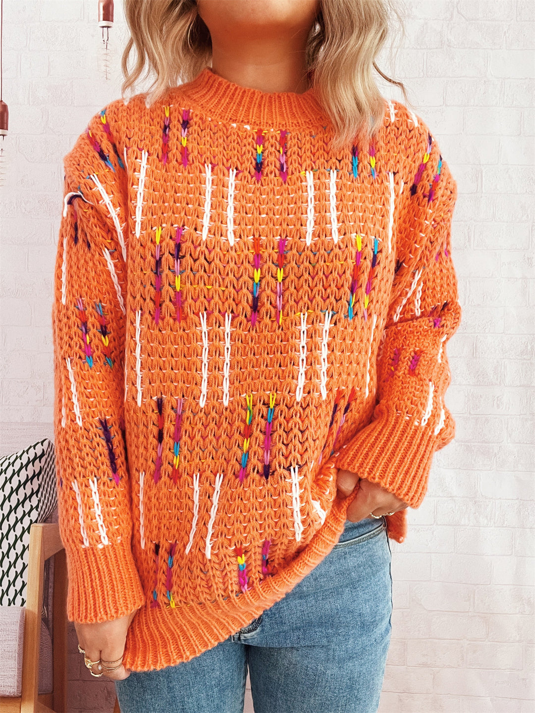 Damen lässiger Strickpullover mit vielseitigem Farbenspiel und hohem Kragen R&B