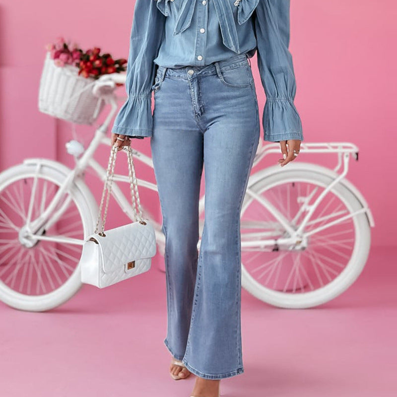 Damen Denim Hemd mit Rüschen und Schleifen-Details R&B