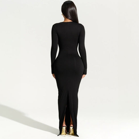 Damen elegantes Wickel-Maxi-Kleid mit asymmetrischem Halsausschnitt R&B