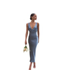 Damen Satin-Maxikleid mit tiefem V-Ausschnitt und eleganten Trägern R&B