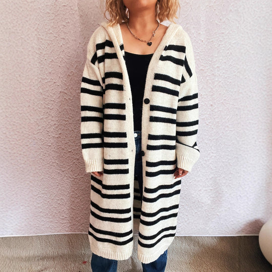 Damen gemütlicher Strickcardigan mit modischem Streifenmuster und Kapuze R&B