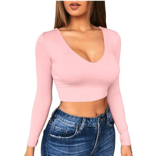 Damen modisches Crop-Top mit tiefem V-Ausschnitt und langen Ärmeln R&B