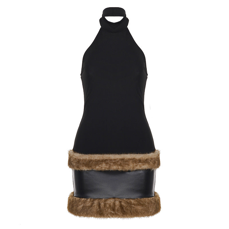 Damen Halterneck-Kleid mit elegantem Kunstfellabschluss R&B