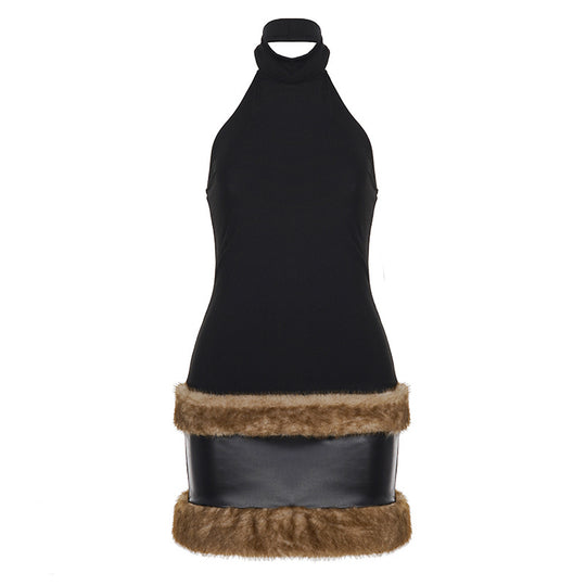 Damen Halterneck-Kleid mit elegantem Kunstfellabschluss R&B
