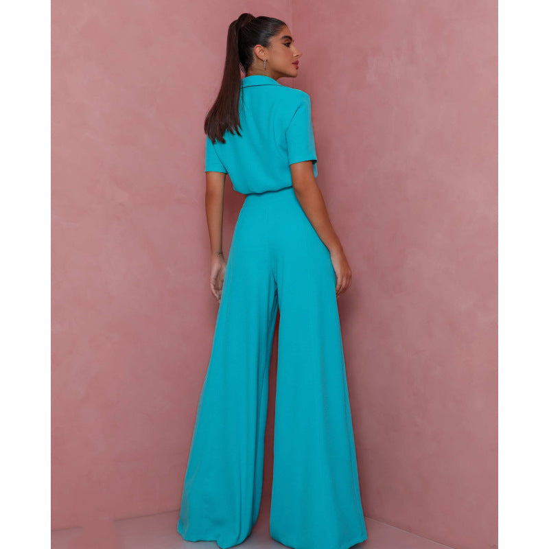 Damen Elegantes Kurzarm-Blusen und Palazzo-Hosen-Ensemble R&B