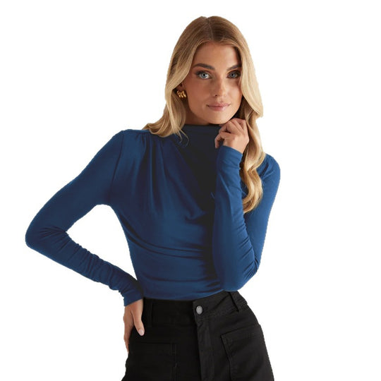 Damen Langarmshirt mit elegantem Wickeldesign und hochgeschlossenem Kragen R&B