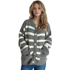 Damen Strickjacke mit dekorativen Knopfdetails und modischem Streifenmuster R&B
