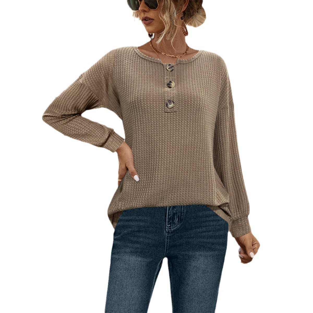 Damen lässiger Strickpullover mit dekorativen Knöpfen und weitem Schnitt R&B