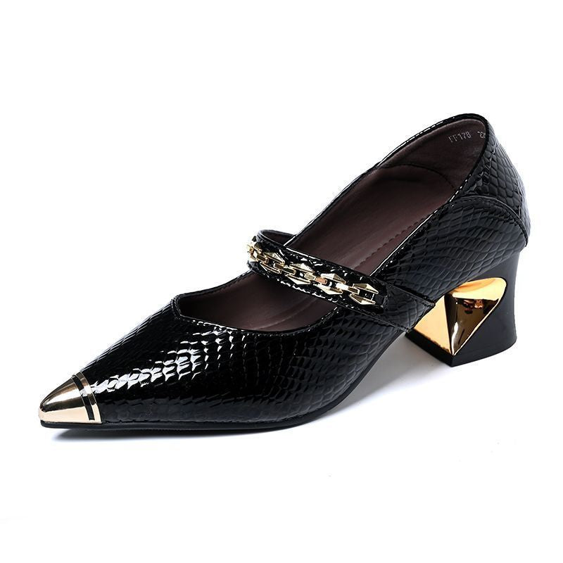 Damen Elegante Pumps mit modischem Kettenriemen und glänzendem Blockabsatz R&B
