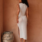 Damen elegantes gestricktes Maxikleid mit Strickmuster und seitlichem Schlitz R&B