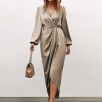 Damen Elegantes Maxikleid mit Tiefem V-Ausschnitt und Ballonärmeln R&B