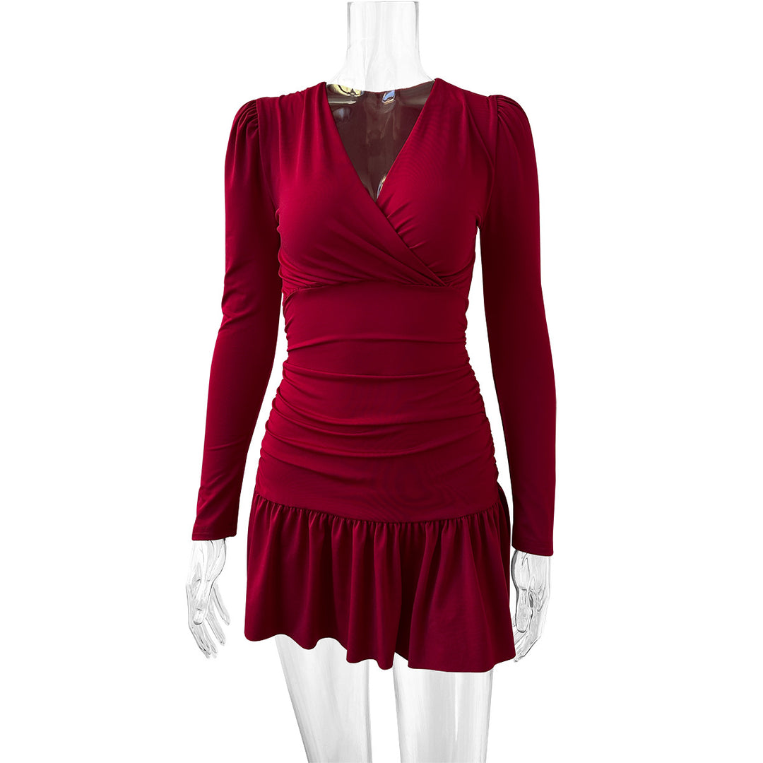 Damen Figurumspielendes Wickelkleid mit langen Ärmeln und Rüschensaum R&B