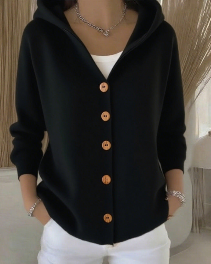 Damen Kapuzenstrickjacke mit Praktischen Knopfdetails und Lässigem Schnitt R&B