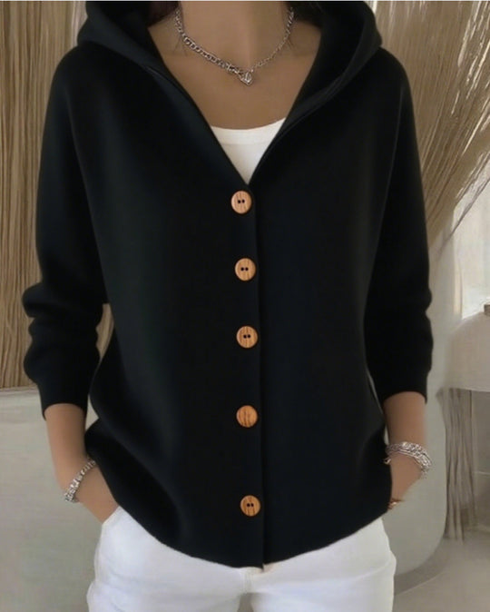 Damen Kapuzenstrickjacke mit Praktischen Knopfdetails und Lässigem Schnitt R&B