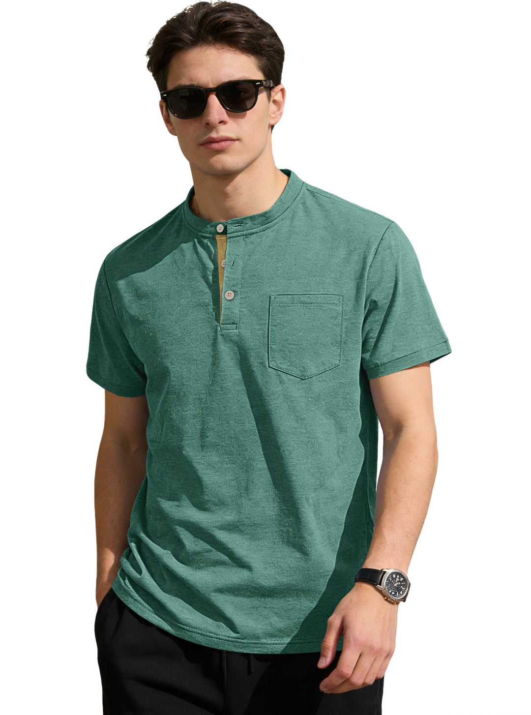 Herren nan strukturiertes Baumwoll-Henleyshirt mit kurzem Stehkragen Knopfleiste und Brusttasche R&B