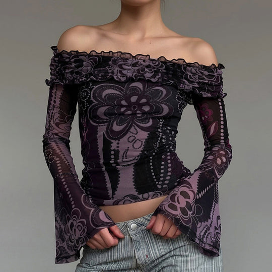 Damen Off-Shoulder Oberteil mit voluminösen Ärmeln und floralem Muster R&B