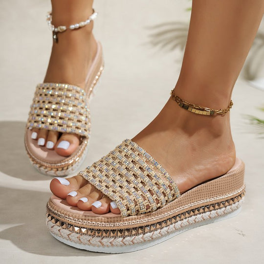 Damen Riemensandalen mit modischer Schmuckverzierung und Plateau-Rand R&B