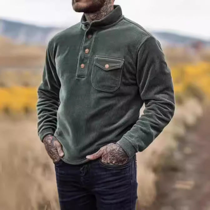 Herren Warmhaltendes Kord-Pullover mit Knopfleiste und Brusttasche R&B