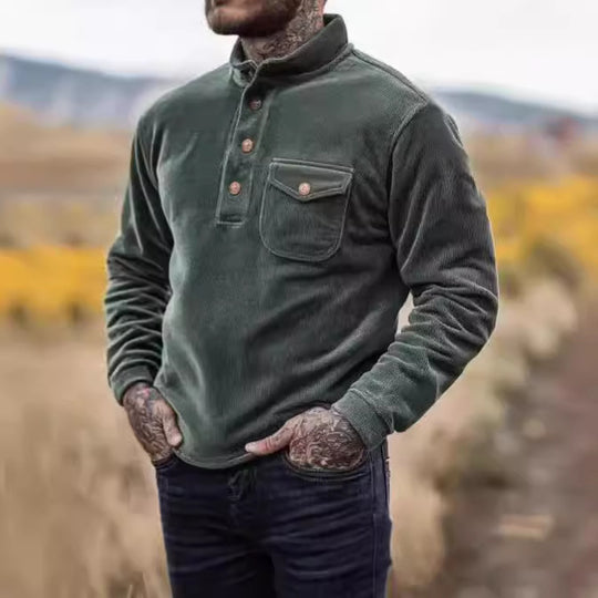 Herren Warmhaltendes Kord-Pullover mit Knopfleiste und Brusttasche R&B