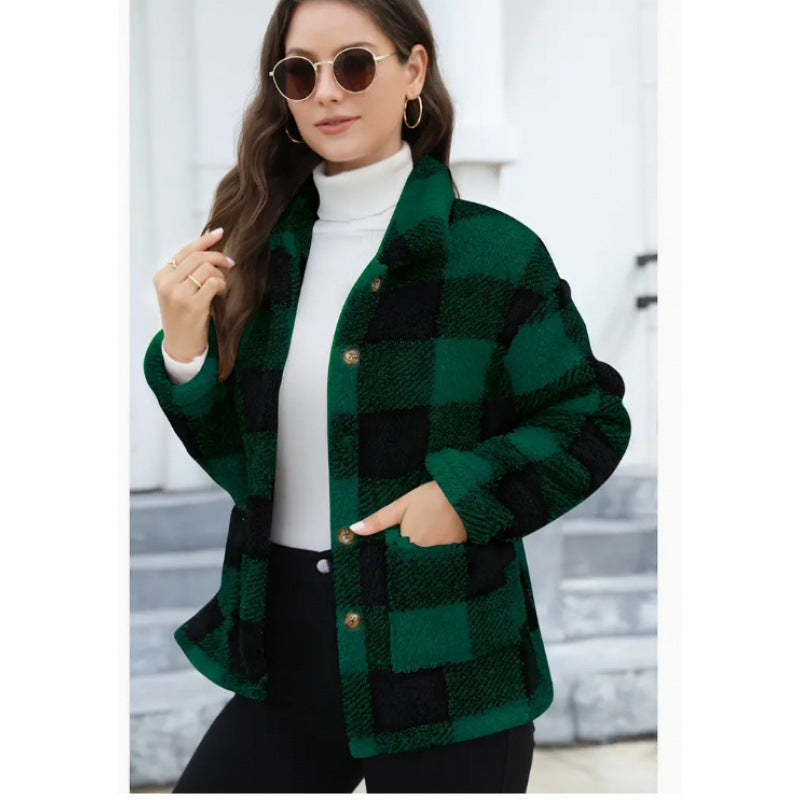 Damen kuschelige Plüschjacke mit Karomuster R&B
