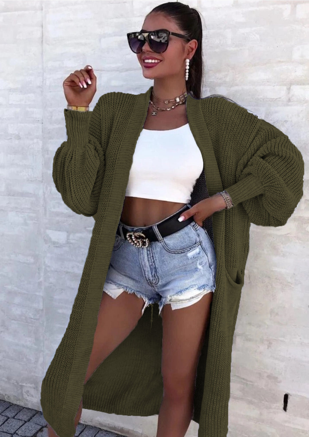 Damen Langer Strickcardigan mit weiten Ärmeln und praktischen Taschen R&B
