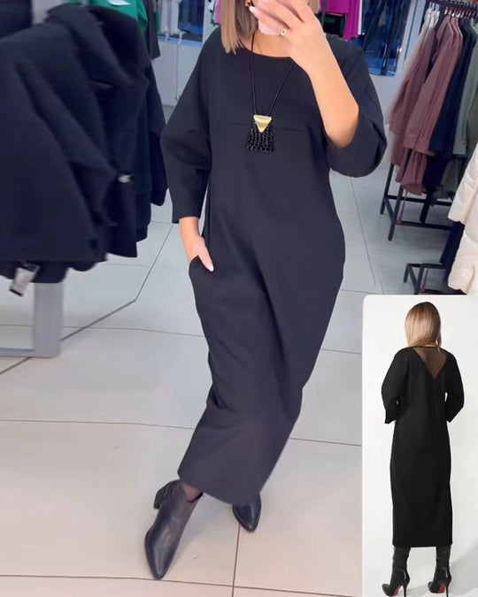 Damen nan gerades Maxikleid mit knöchellanger Silhouette, halblangen Ärmeln, Seitentaschen und transparentem V-Rücken R&B