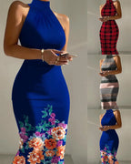 Damen figurbetontes Maxikleid mit hohem Kragen und floralem Saum R&B