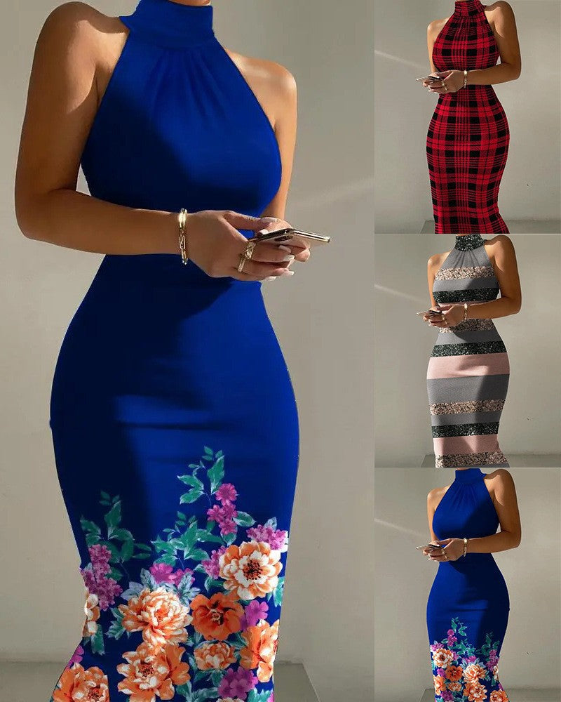 Damen figurbetontes Maxikleid mit hohem Kragen und floralem Saum R&B