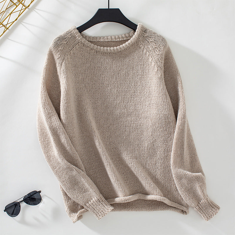 Damen gemütlicher Strickpullover mit weitem Schnitt und Rundhalsausschnitt R&B