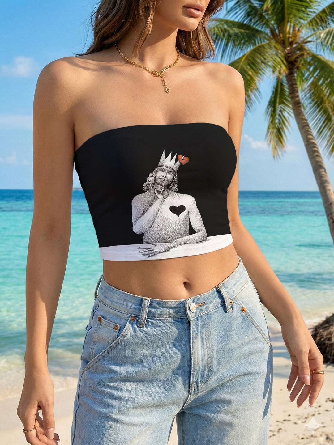 Damen Bandeau-Top mit floralem Vogelmotiv und elastischer Passform R&B