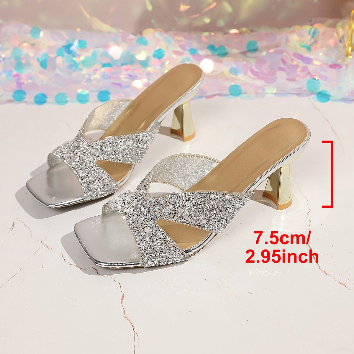 Damen Glitzernde Slingback-Pantoletten mit elegantem Blockabsatz