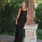 Damen Elegantes Maxi-Kleid mit transparentem Oberteil und tiefer Taille R&B