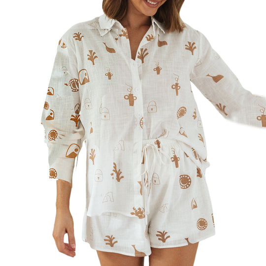 Damen luftiges Pyjama-Set mit kreativem Muster und elastischem Bund R&B