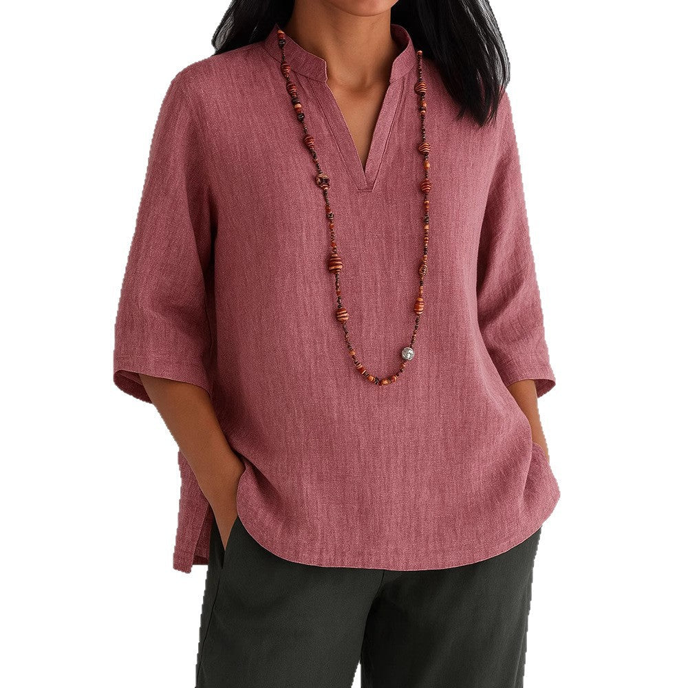 Damen lässige Bluse mit V-Ausschnitt und seitlichen Taschen