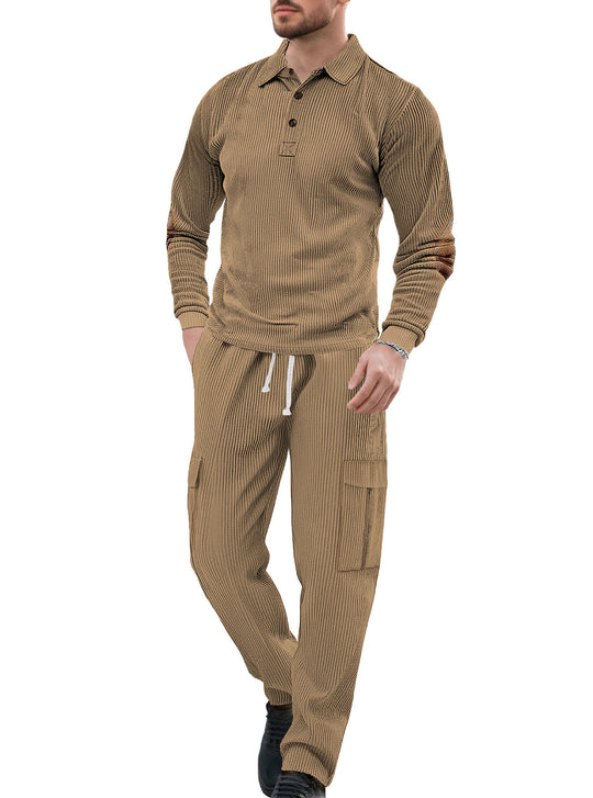 Herren nan geripptes Lounge-Set mit Polokragen Ellenbogenpatches und Cargohose R&B