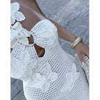 Damen Häkel-Maxikleid mit floralem Ausschnitt EB