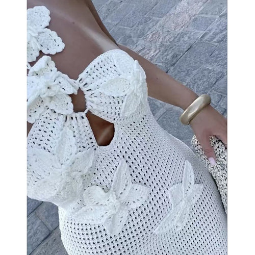 Damen Häkel-Maxikleid mit floralem Ausschnitt R&B