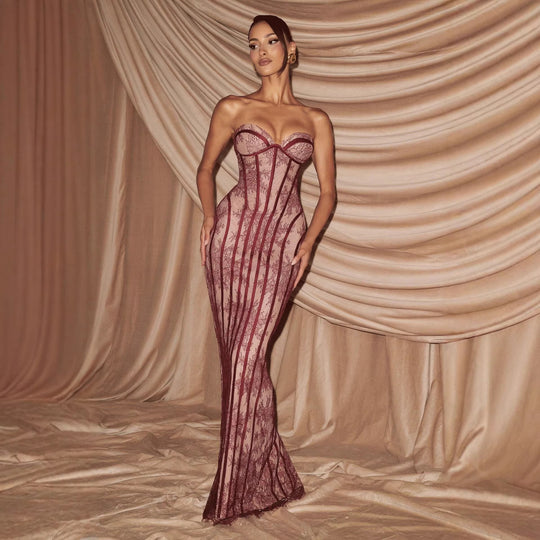 Damen figurbetontes Spitzenkleid mit Bustier-Oberteil und eleganten Details R&B