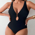 Damen Sport Einteiler Badeanzug mit tiefem V-Ausschnitt und modischem Ringdetail R&B