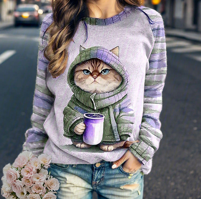 Damen nan lässiges Sweatshirt mit großem Kätzchen-Frontprint und gestreiften Raglanärmeln R&B