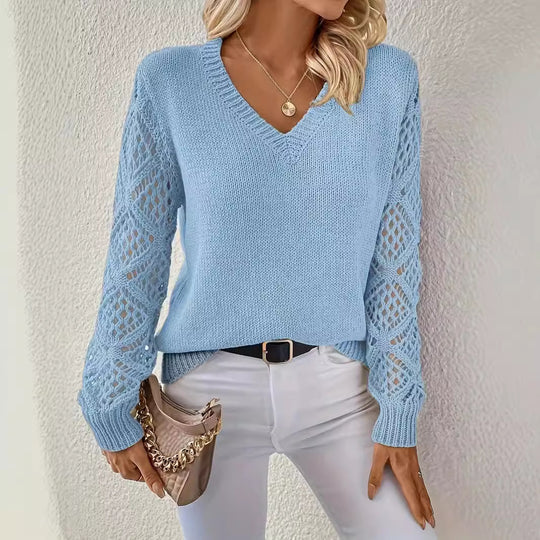 Damen Eleganter Strickpullover mit V-Ausschnitt und gehäkelten Ärmeln R&B