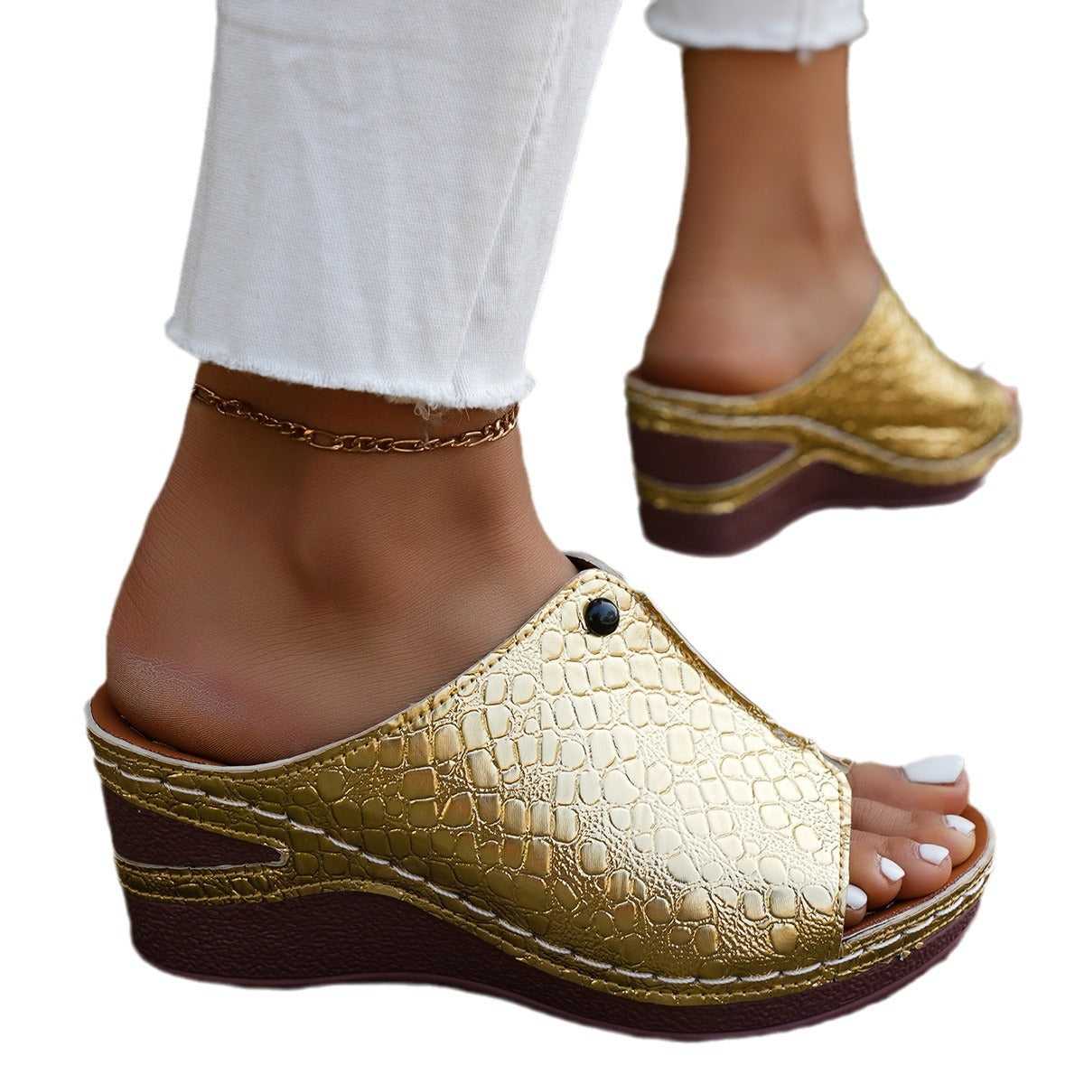 Damen Wedge-Pantoletten mit elegantem Krokodil-Look und komfortabler Sohle R&B