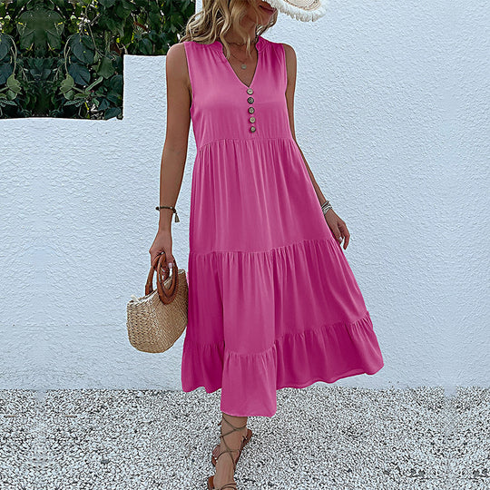 Damen Maxikleid mit Knopfdetail und voluminösem Rock R&B
