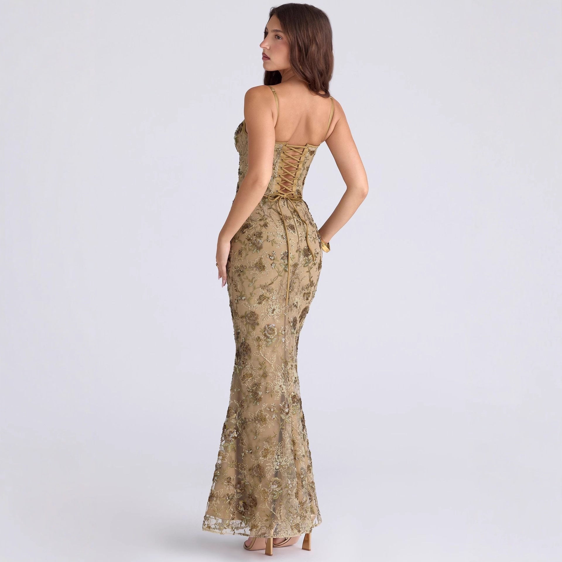 Damen nan elegantes besticktes Abendkleid mit Korsettoberteil und transparentem Spitzenüberzug R&B