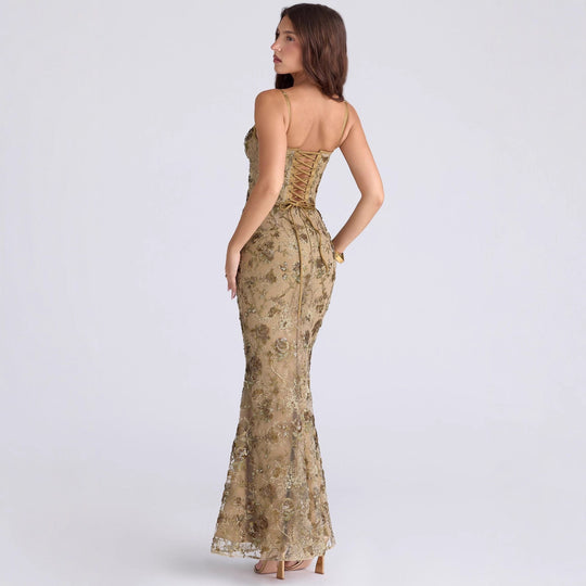 Damen nan elegantes besticktes Abendkleid mit Korsettoberteil und transparentem Spitzenüberzug R&B
