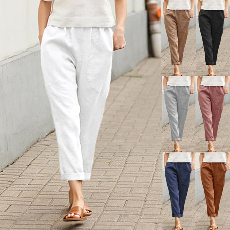 Damen nan leichte Leinenhose mit elastischem Bund, seitlichen Eingrifftaschen und gekrempeltem Saum R&B